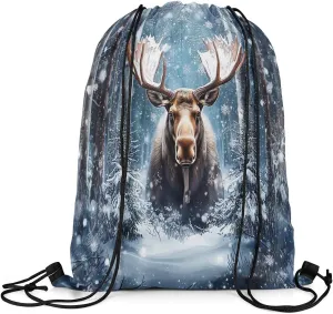 Erosebridal Elk Drawstring Backpack 13x15.7, Moose Hunting Drawstring Bags, Woodland Wild Animal Reversible Draw String Back Bag For Swim Yoga, Winter Snowflakes Deer String Backpack