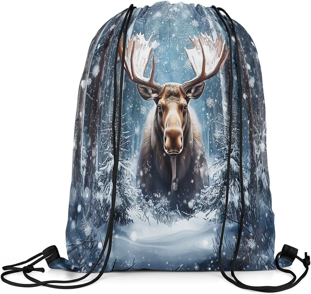 Erosebridal Elk Drawstring Backpack 13x15.7, Moose Hunting Drawstring Bags, Woodland Wild Animal Reversible Draw String Back Bag For Swim Yoga, Winter Snowflakes Deer String Backpack