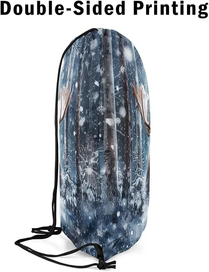 Erosebridal Elk Drawstring Backpack 13x15.7, Moose Hunting Drawstring Bags, Woodland Wild Animal Reversible Draw String Back Bag For Swim Yoga, Winter Snowflakes Deer String Backpack
