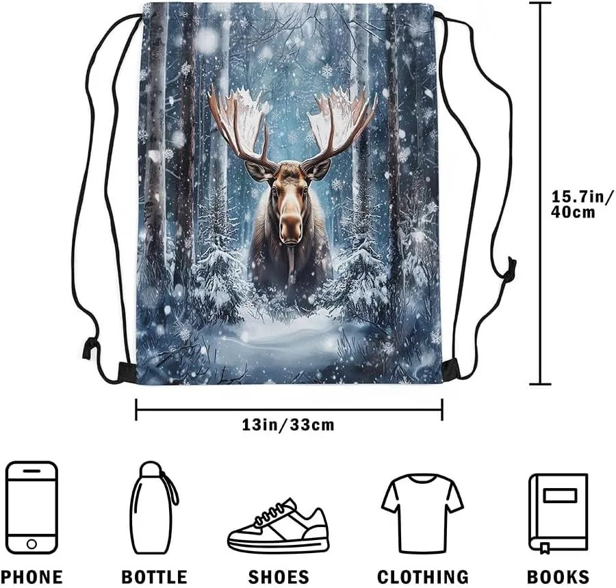 Erosebridal Elk Drawstring Backpack 13x15.7, Moose Hunting Drawstring Bags, Woodland Wild Animal Reversible Draw String Back Bag For Swim Yoga, Winter Snowflakes Deer String Backpack
