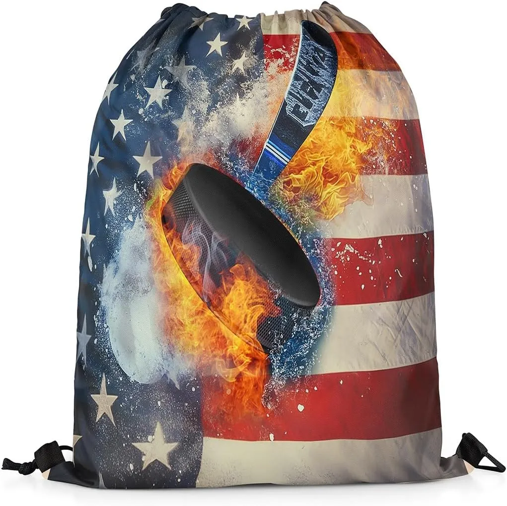 Erosebridal Flaming Hockey Drawstring Bags,Ice and Fire Drawstring Backpack 13x15.7 for Sport,American Flag String Backpack,Athletic Sports Draw String Back Bag