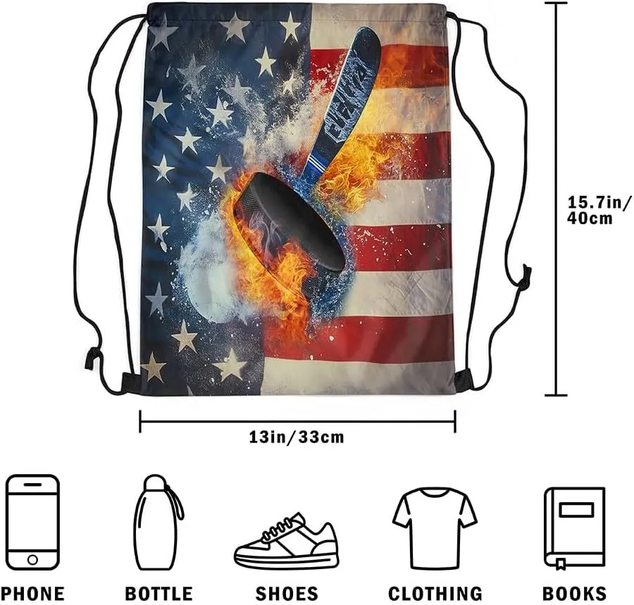 Erosebridal Flaming Hockey Drawstring Bags,Ice and Fire Drawstring Backpack 13x15.7 for Sport,American Flag String Backpack,Athletic Sports Draw String Back Bag