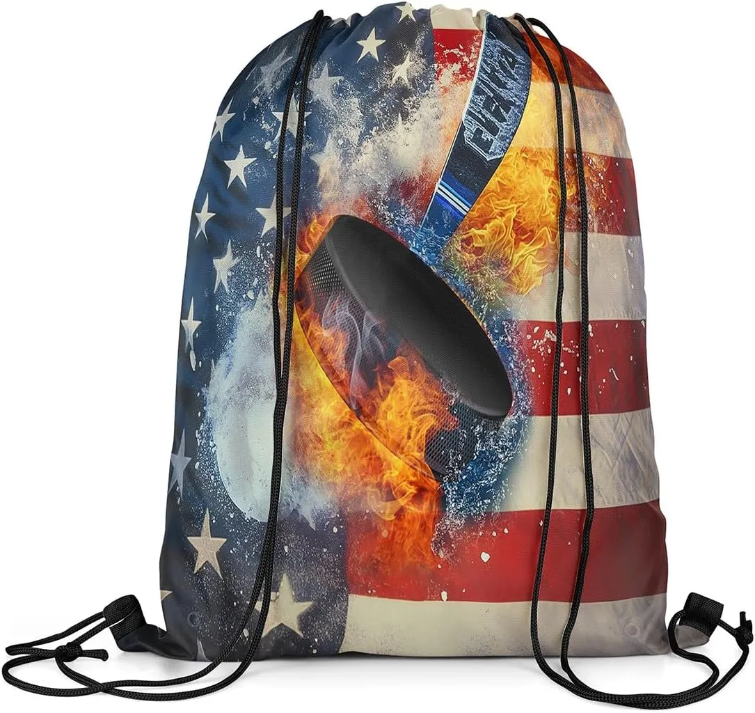 Erosebridal Flaming Hockey Drawstring Bags,Ice and Fire Drawstring Backpack 13x15.7 for Sport,American Flag String Backpack,Athletic Sports Draw String Back Bag