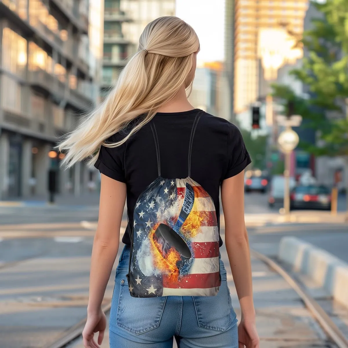 Erosebridal Flaming Hockey Drawstring Bags,Ice and Fire Drawstring Backpack 13x15.7 for Sport,American Flag String Backpack,Athletic Sports Draw String Back Bag