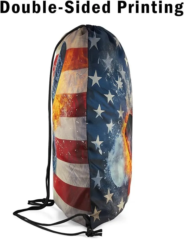 Erosebridal Flaming Hockey Drawstring Bags,Ice and Fire Drawstring Backpack 13x15.7 for Sport,American Flag String Backpack,Athletic Sports Draw String Back Bag