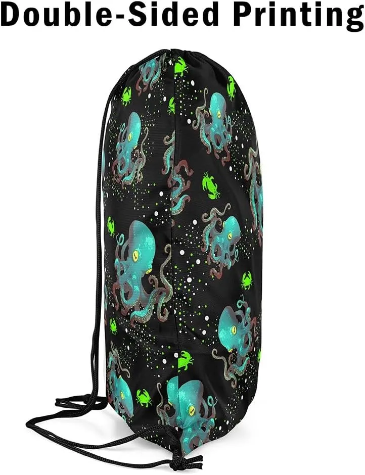 Erosebridal Green Octopus Drawstring Backpack 13x15.7 for Sport Gym Swim Yoga Camping Trip,Ocean Nautical Sea Animal Drawstring Bags,Cute Crab Draw String Back Bag,Coastal Creature String Backpack