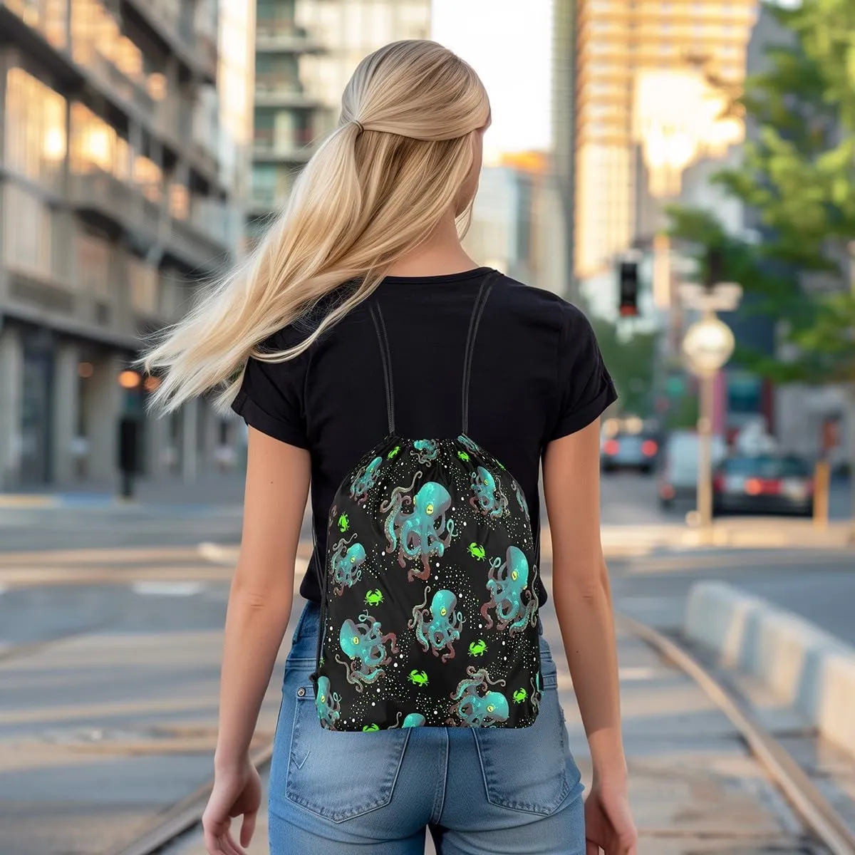 Erosebridal Green Octopus Drawstring Backpack 13x15.7 for Sport Gym Swim Yoga Camping Trip,Ocean Nautical Sea Animal Drawstring Bags,Cute Crab Draw String Back Bag,Coastal Creature String Backpack
