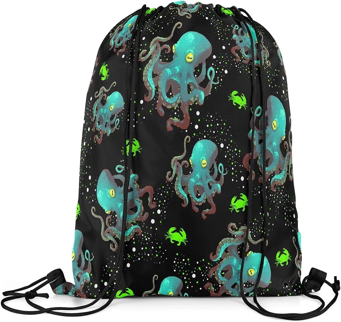 Erosebridal Green Octopus Drawstring Backpack 13x15.7 for Sport Gym Swim Yoga Camping Trip,Ocean Nautical Sea Animal Drawstring Bags,Cute Crab Draw String Back Bag,Coastal Creature String Backpack