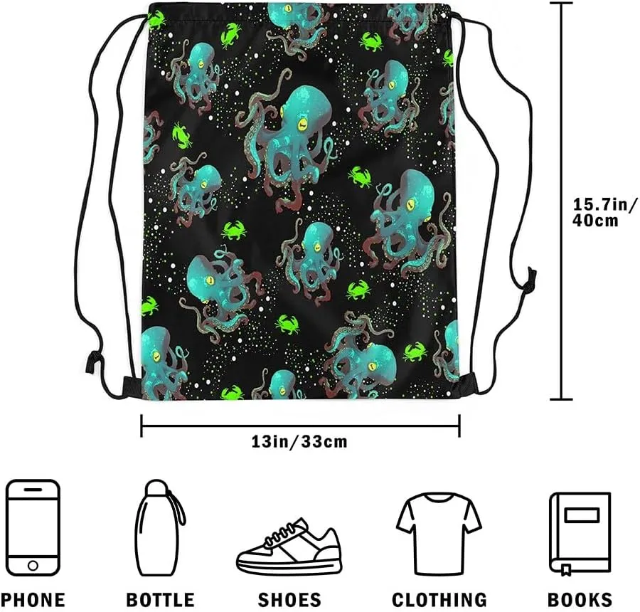 Erosebridal Green Octopus Drawstring Backpack 13x15.7 for Sport Gym Swim Yoga Camping Trip,Ocean Nautical Sea Animal Drawstring Bags,Cute Crab Draw String Back Bag,Coastal Creature String Backpack