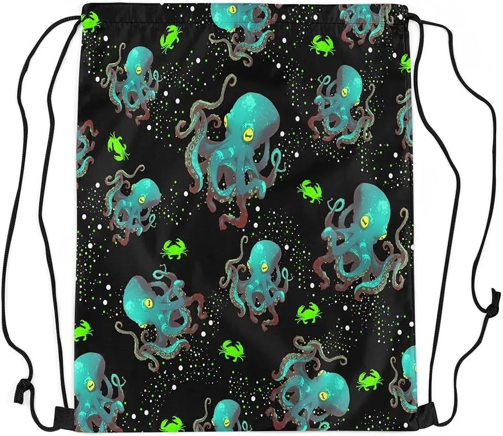 Erosebridal Green Octopus Drawstring Backpack 13x15.7 for Sport Gym Swim Yoga Camping Trip,Ocean Nautical Sea Animal Drawstring Bags,Cute Crab Draw String Back Bag,Coastal Creature String Backpack