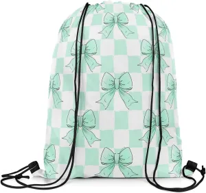 Erosebridal Green Ribbon Bowknot Drawstring Backpack 13x15.7, Grid Plaid Lattice Foldable String Bag, Kawaii Dreamy Princess Sackpack For Sport Gym Swim Yoga Camping, Cartoon Bow Tie Cinch Bags