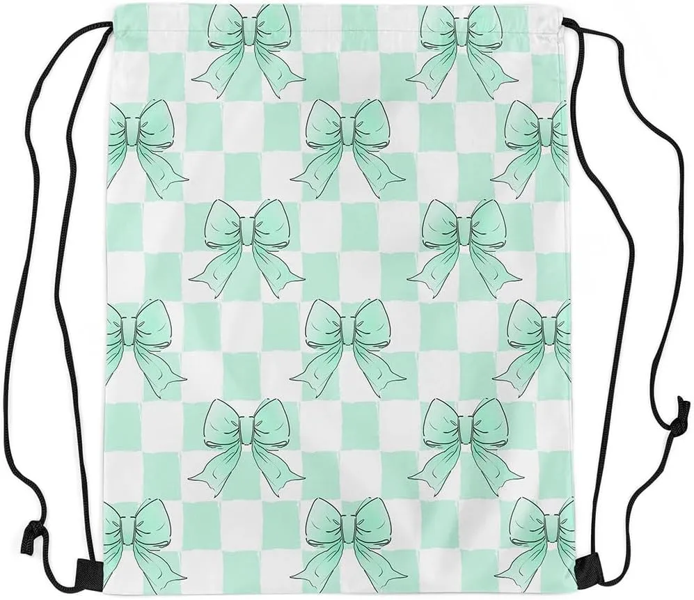 Erosebridal Green Ribbon Bowknot Drawstring Backpack 13x15.7, Grid Plaid Lattice Foldable String Bag, Kawaii Dreamy Princess Sackpack For Sport Gym Swim Yoga Camping, Cartoon Bow Tie Cinch Bags