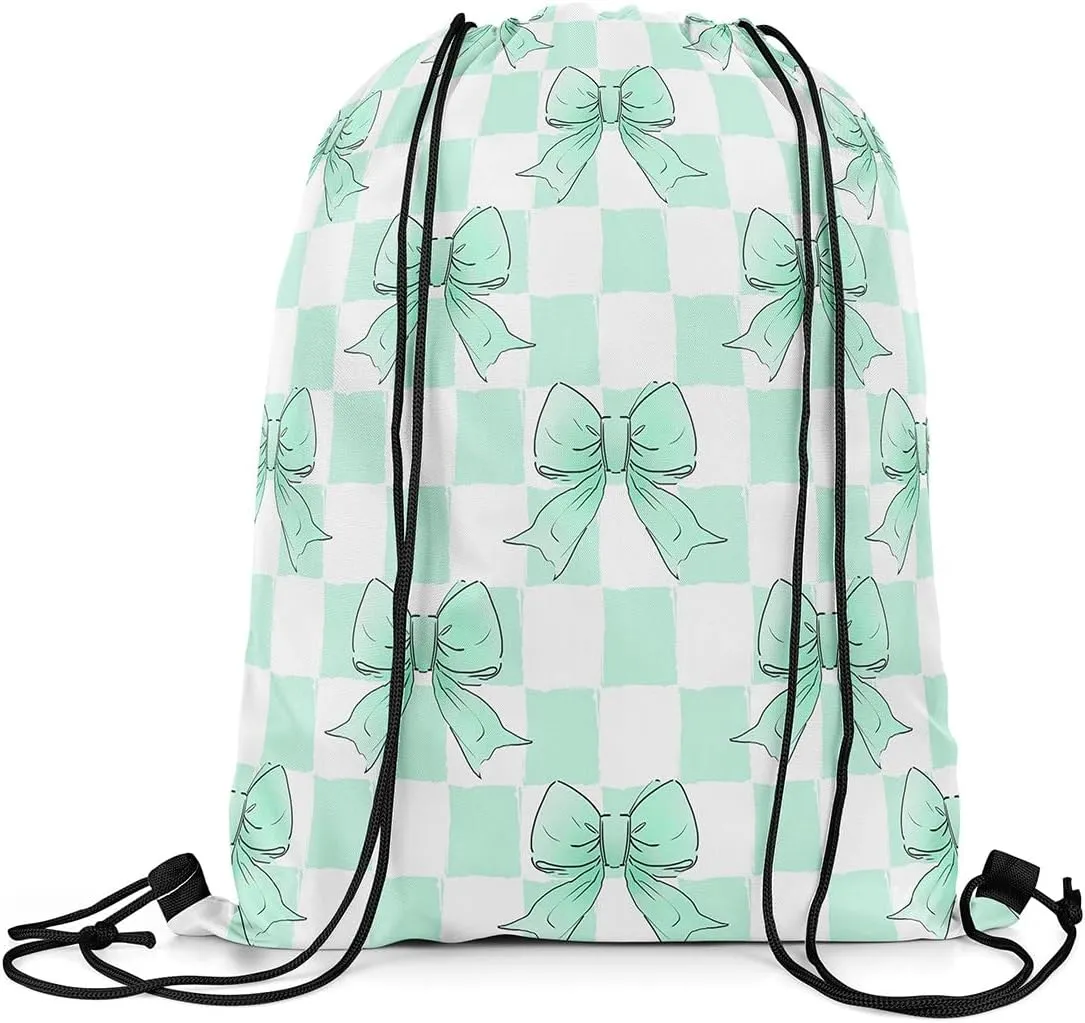 Erosebridal Green Ribbon Bowknot Drawstring Backpack 13x15.7, Grid Plaid Lattice Foldable String Bag, Kawaii Dreamy Princess Sackpack For Sport Gym Swim Yoga Camping, Cartoon Bow Tie Cinch Bags