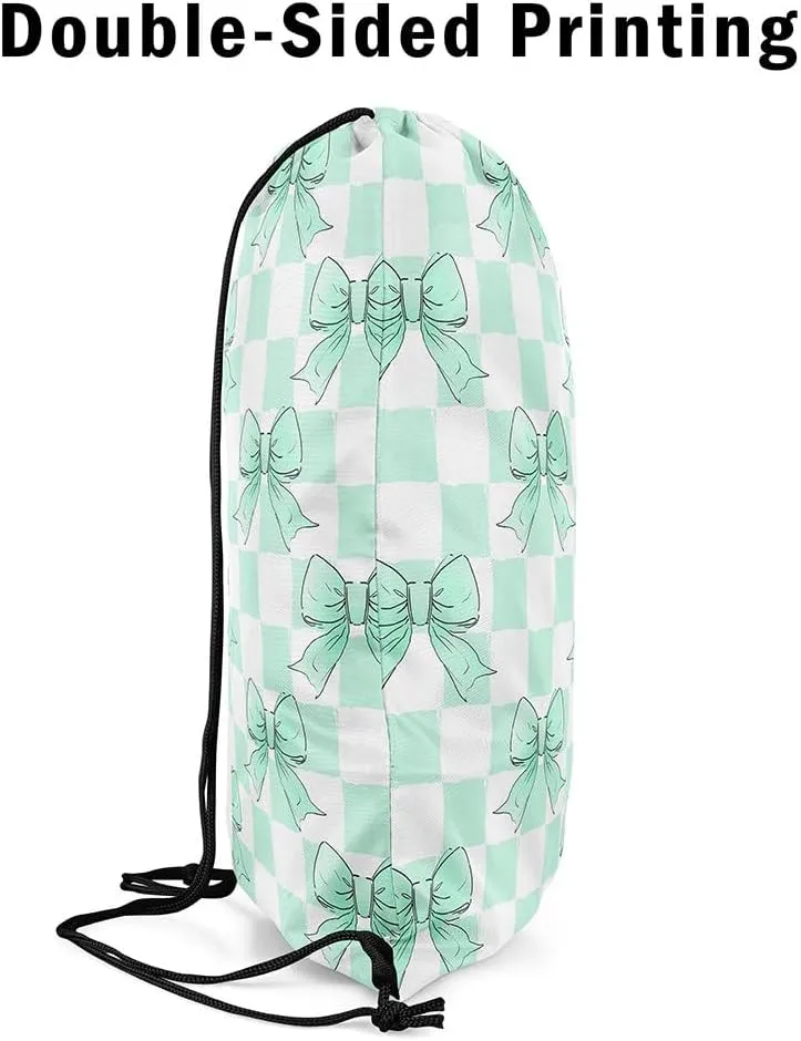 Erosebridal Green Ribbon Bowknot Drawstring Backpack 13x15.7, Grid Plaid Lattice Foldable String Bag, Kawaii Dreamy Princess Sackpack For Sport Gym Swim Yoga Camping, Cartoon Bow Tie Cinch Bags