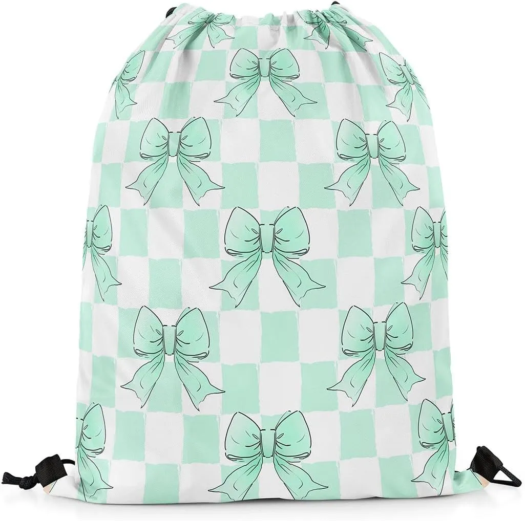 Erosebridal Green Ribbon Bowknot Drawstring Backpack 13x15.7, Grid Plaid Lattice Foldable String Bag, Kawaii Dreamy Princess Sackpack For Sport Gym Swim Yoga Camping, Cartoon Bow Tie Cinch Bags