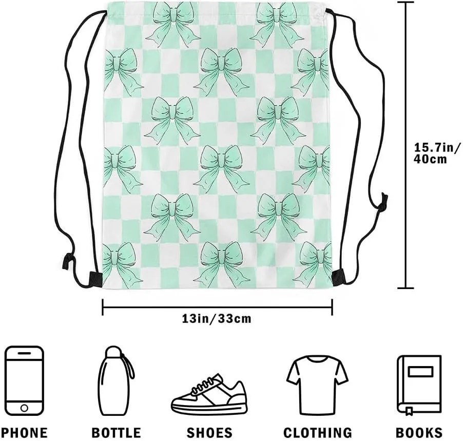 Erosebridal Green Ribbon Bowknot Drawstring Backpack 13x15.7, Grid Plaid Lattice Foldable String Bag, Kawaii Dreamy Princess Sackpack For Sport Gym Swim Yoga Camping, Cartoon Bow Tie Cinch Bags