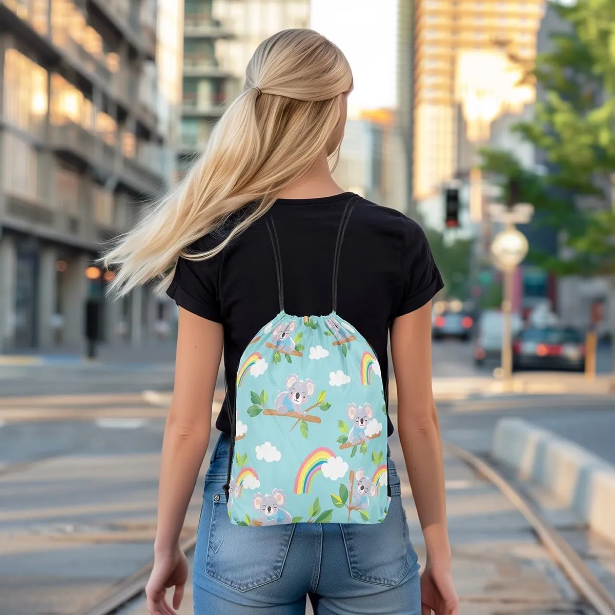 Erosebridal Koala 13x15.7 Drawstring Backpack, Branch Leaf Drawstring Bags, Rainbow Sky Cloud Draw String Back Bag, Kawaii Cartoon Animal String Backpack Waterproof, Blue Grey Green Pink