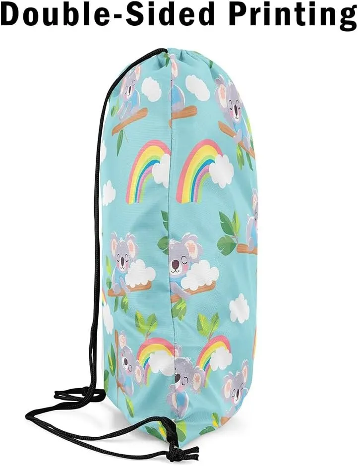 Erosebridal Koala 13x15.7 Drawstring Backpack, Branch Leaf Drawstring Bags, Rainbow Sky Cloud Draw String Back Bag, Kawaii Cartoon Animal String Backpack Waterproof, Blue Grey Green Pink