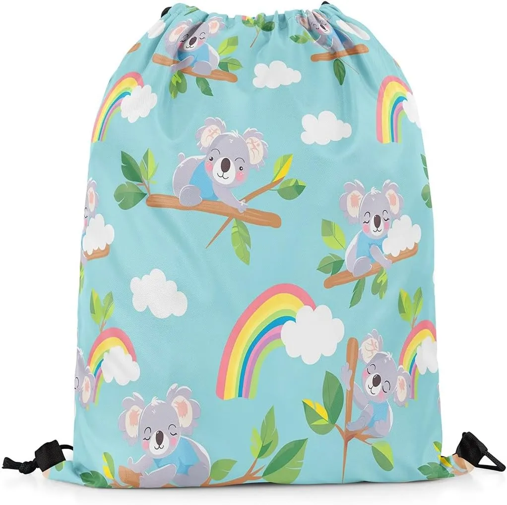 Erosebridal Koala 13x15.7 Drawstring Backpack, Branch Leaf Drawstring Bags, Rainbow Sky Cloud Draw String Back Bag, Kawaii Cartoon Animal String Backpack Waterproof, Blue Grey Green Pink