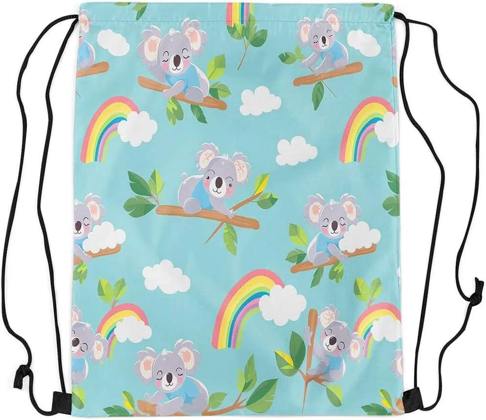 Erosebridal Koala 13x15.7 Drawstring Backpack, Branch Leaf Drawstring Bags, Rainbow Sky Cloud Draw String Back Bag, Kawaii Cartoon Animal String Backpack Waterproof, Blue Grey Green Pink