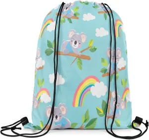 Erosebridal Koala 13x15.7 Drawstring Backpack, Branch Leaf Drawstring Bags, Rainbow Sky Cloud Draw String Back Bag, Kawaii Cartoon Animal String Backpack Waterproof, Blue Grey Green Pink