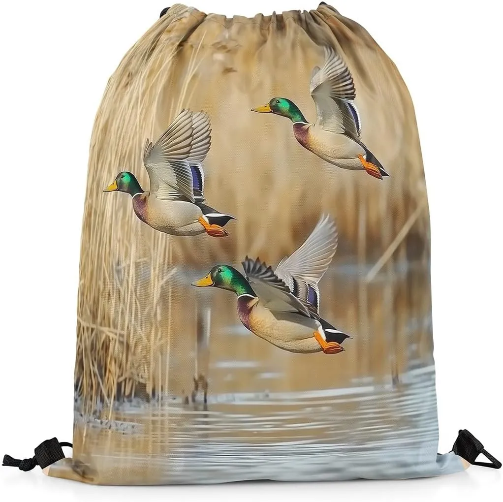 Erosebridal Mallard Duck Drawstring Bags 13x15.7 Duck Hunting Wildlife Drawstring Backpack Wild Rustic Farmhouse Draw String Back Bag Country Natural Lake Scenery String Backpack