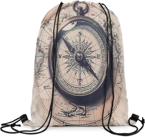 Erosebridal Nautical Adventure Drawstring Backpack 13x15.7, Black Compass Reversible String Bag, Vintage World Map Waterproof Sackpack For Sport Gym Swim Yoga Camping, Sea Nautical Theme Cinch Bags