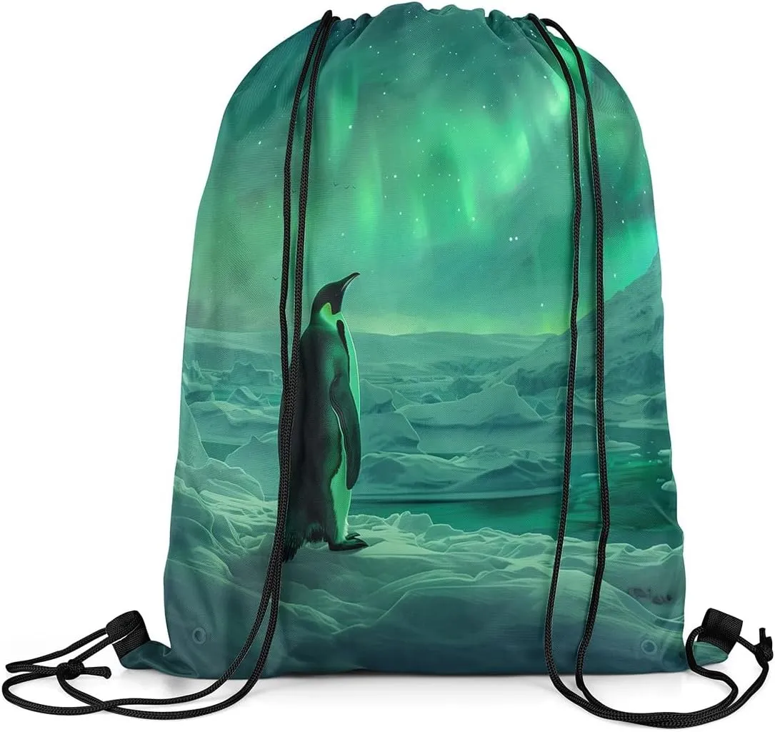 Erosebridal Penguin Draw String Back Bag,Dreamy Stars Galaxy Starry Sky Drawstring Backpack,Northern Lights Aurora Drawstring Bags,Natural Iceberg String Backpack,13x15.7