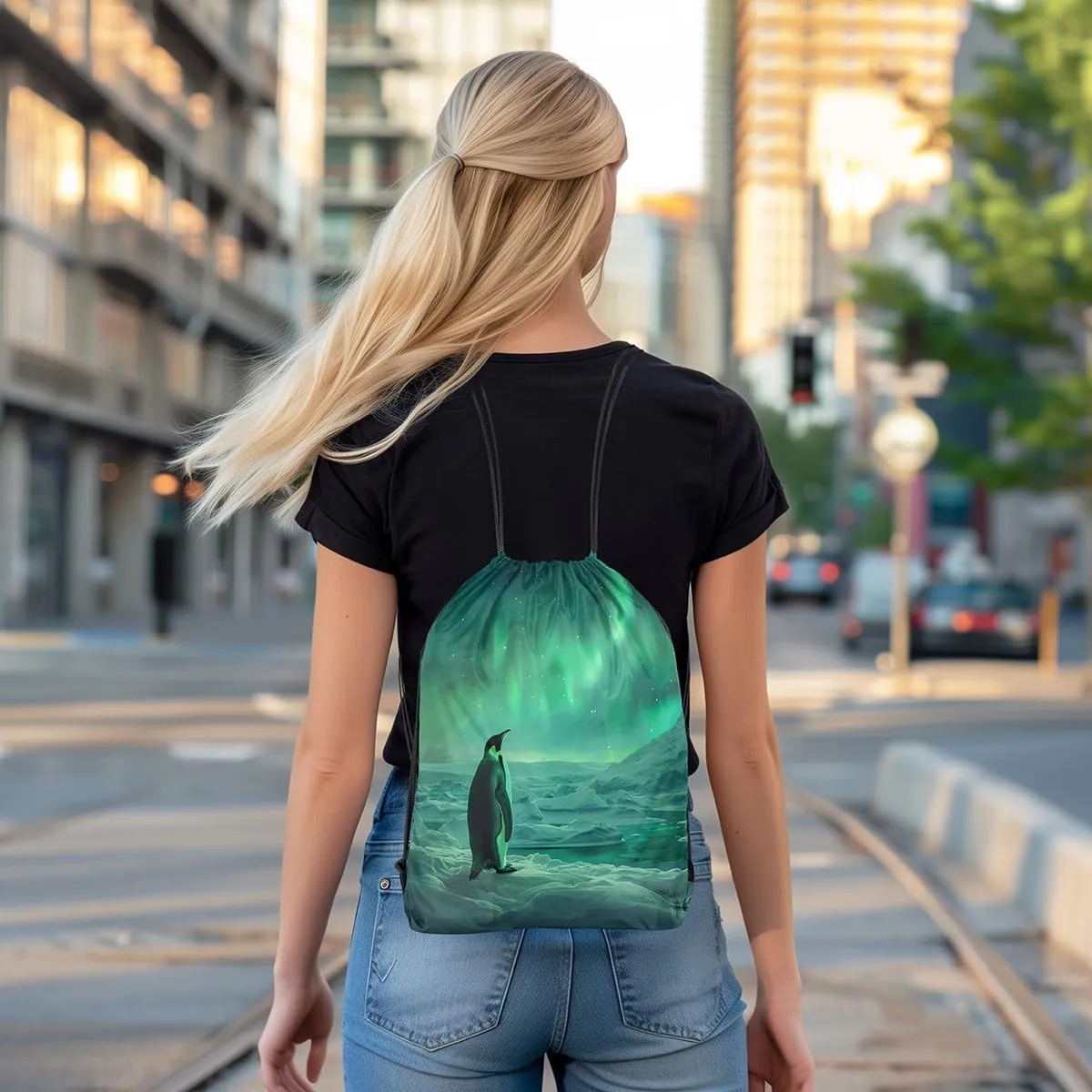 Erosebridal Penguin Draw String Back Bag,Dreamy Stars Galaxy Starry Sky Drawstring Backpack,Northern Lights Aurora Drawstring Bags,Natural Iceberg String Backpack,13x15.7