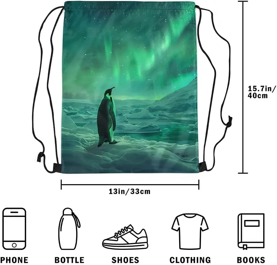 Erosebridal Penguin Draw String Back Bag,Dreamy Stars Galaxy Starry Sky Drawstring Backpack,Northern Lights Aurora Drawstring Bags,Natural Iceberg String Backpack,13x15.7