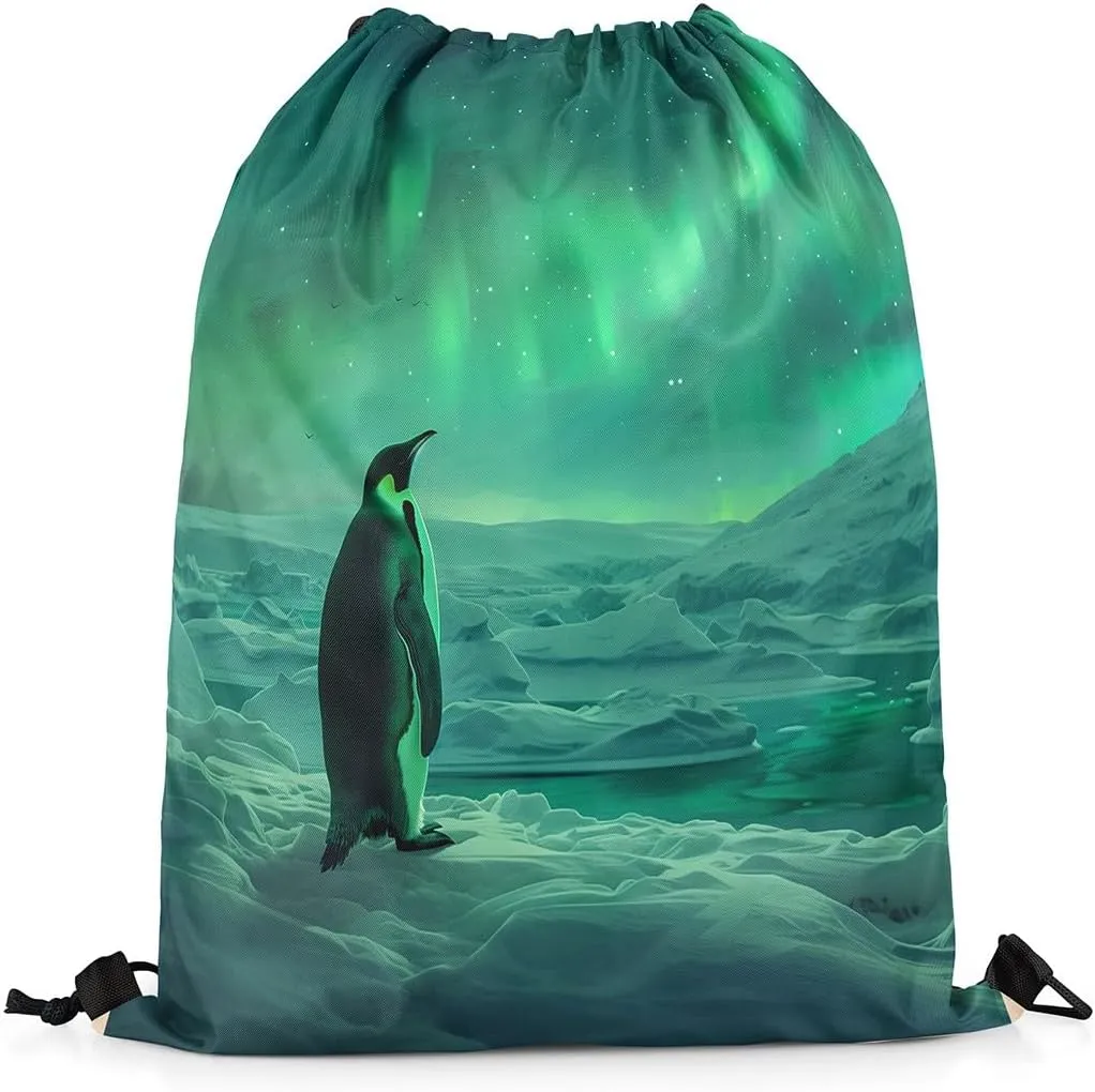 Erosebridal Penguin Draw String Back Bag,Dreamy Stars Galaxy Starry Sky Drawstring Backpack,Northern Lights Aurora Drawstring Bags,Natural Iceberg String Backpack,13x15.7