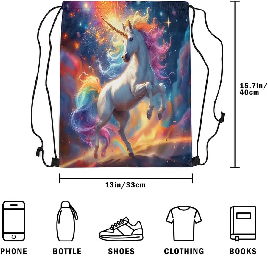 Erosebridal Rainbow Unicorn Drawstring Backpack 13x15.7 Cartoon Horse Drawstring Bags Blue Yellow Glitter Stars Night Draw String Back Bag Oil Painting Fireworks String Backpack