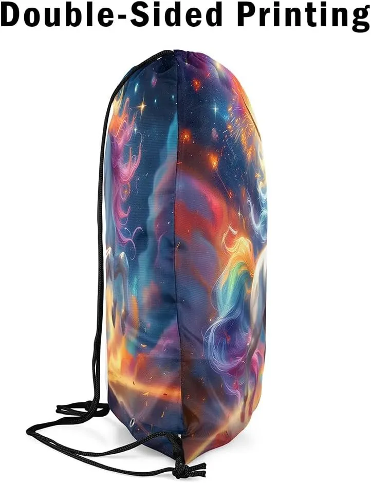 Erosebridal Rainbow Unicorn Drawstring Backpack 13x15.7 Cartoon Horse Drawstring Bags Blue Yellow Glitter Stars Night Draw String Back Bag Oil Painting Fireworks String Backpack