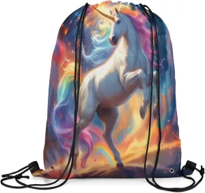Erosebridal Rainbow Unicorn Drawstring Backpack 13x15.7 Cartoon Horse Drawstring Bags Blue Yellow Glitter Stars Night Draw String Back Bag Oil Painting Fireworks String Backpack