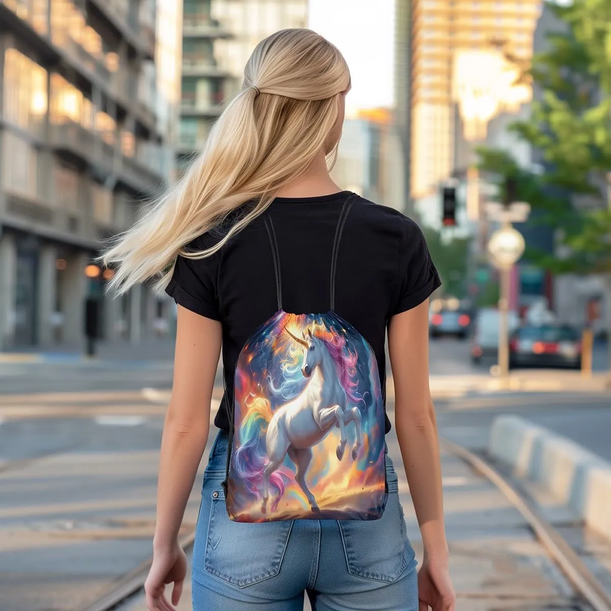 Erosebridal Rainbow Unicorn Drawstring Backpack 13x15.7 Cartoon Horse Drawstring Bags Blue Yellow Glitter Stars Night Draw String Back Bag Oil Painting Fireworks String Backpack