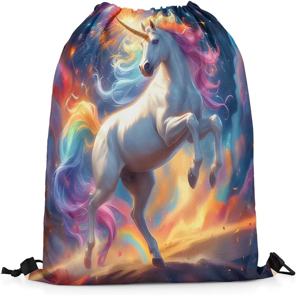 Erosebridal Rainbow Unicorn Drawstring Backpack 13x15.7 Cartoon Horse Drawstring Bags Blue Yellow Glitter Stars Night Draw String Back Bag Oil Painting Fireworks String Backpack