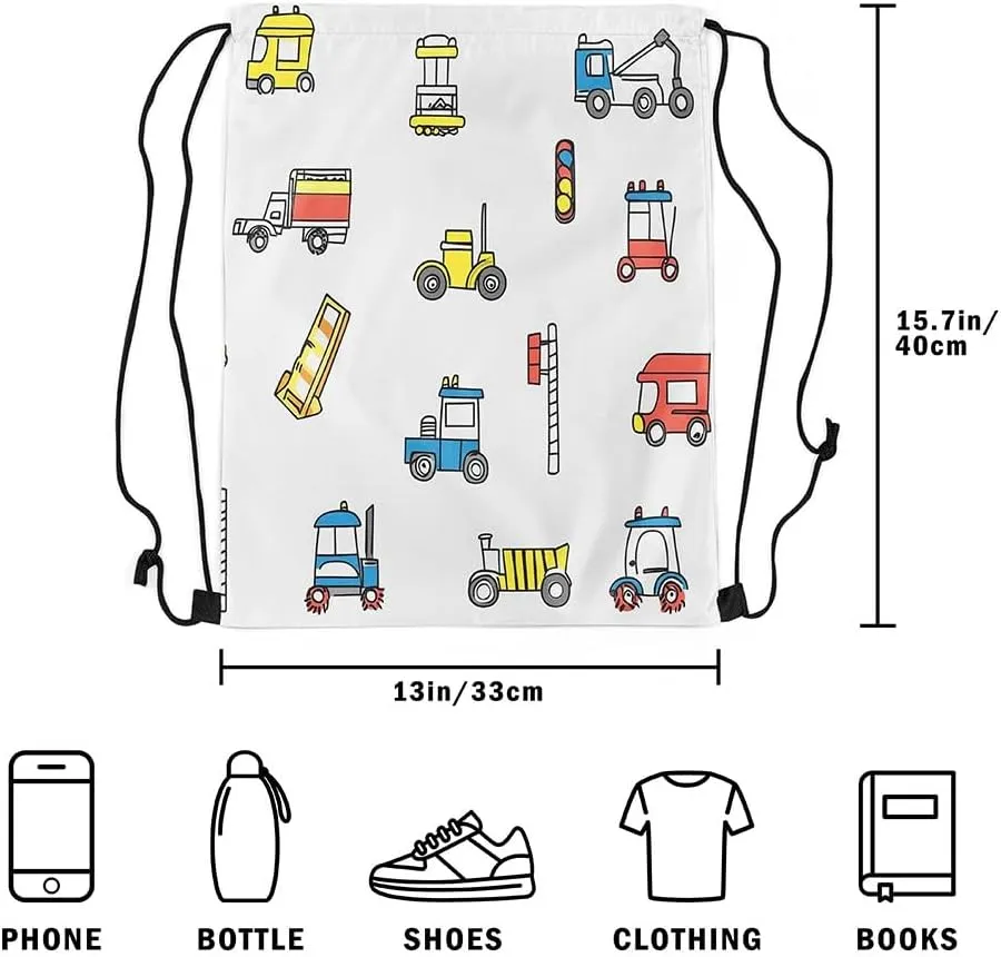 Erosebridal Truck Drawstring Bags,Construction Vehicles Drawstring Backpack 13x15.7 for Sport,Doodle Car Draw String Back Bag,Traffic Cars String Backpack