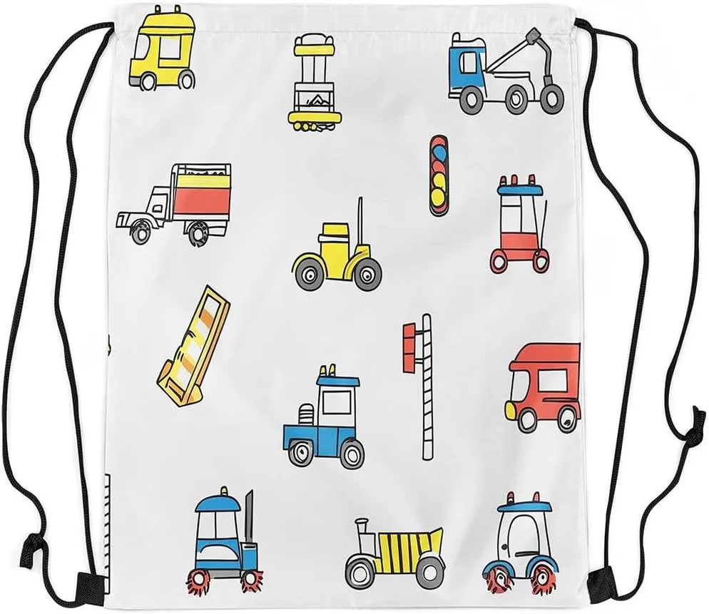Erosebridal Truck Drawstring Bags,Construction Vehicles Drawstring Backpack 13x15.7 for Sport,Doodle Car Draw String Back Bag,Traffic Cars String Backpack