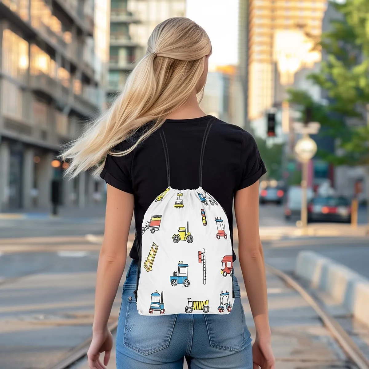 Erosebridal Truck Drawstring Bags,Construction Vehicles Drawstring Backpack 13x15.7 for Sport,Doodle Car Draw String Back Bag,Traffic Cars String Backpack