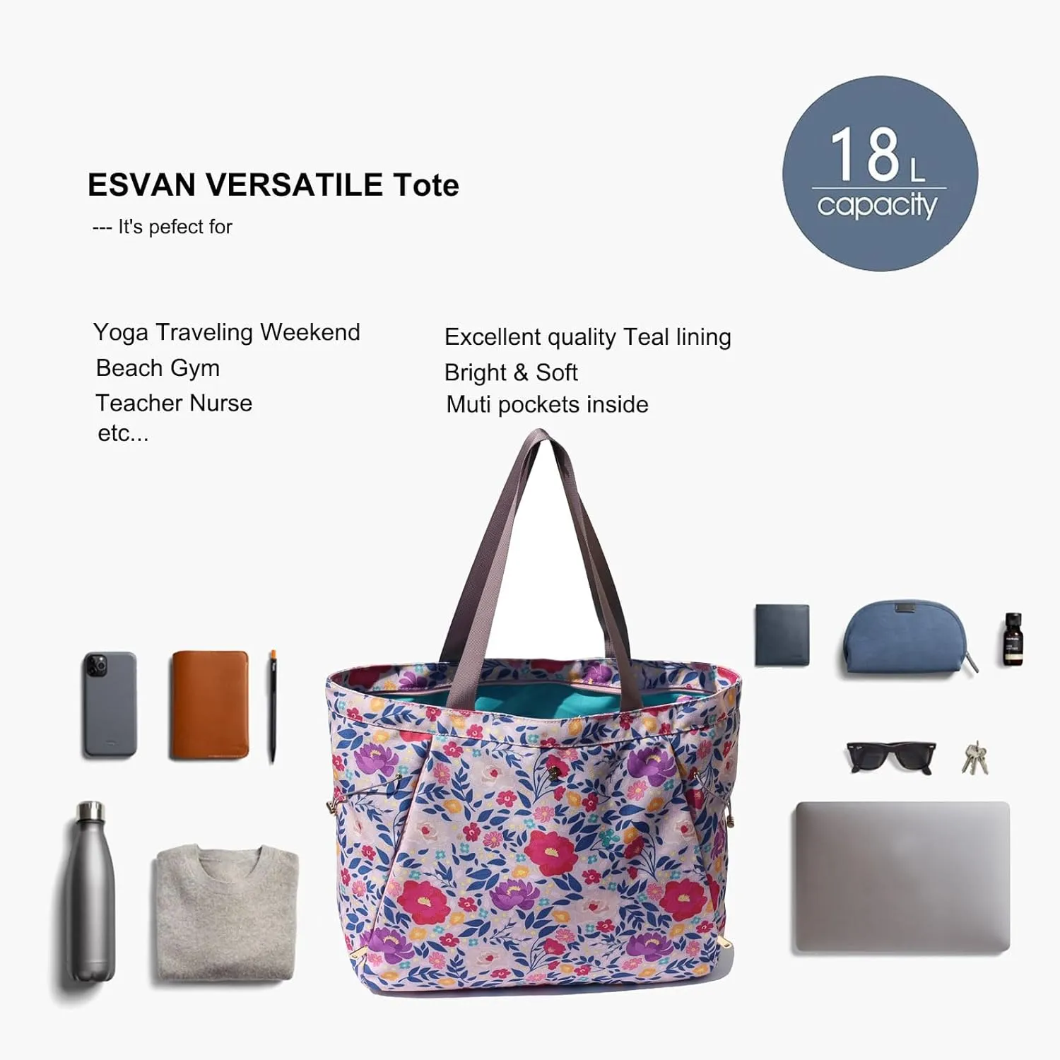 ESVAN Yoga Tote Bag for Women Shoulder Bags Drawstring for Office Workout Travel Carryall Pilates Gym and Beach