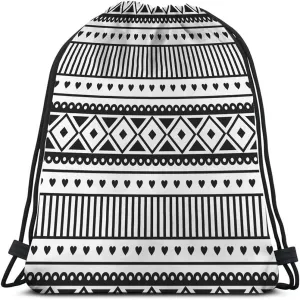 Ethnic Pattern Drawstring Bags Backpack Bag Black And White Southwest American Aztec Heart Sport Gym Sack Drawstring Bag String Bag Yoga Bag for Men Women
