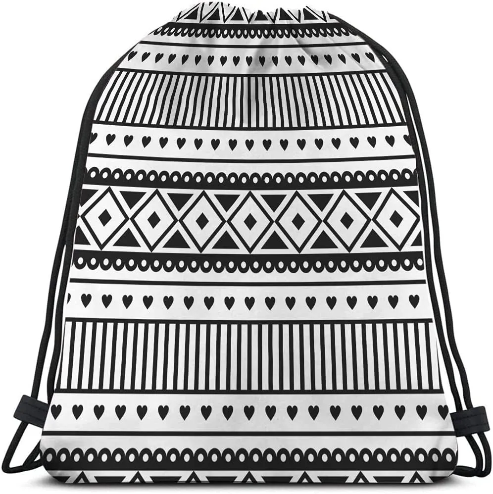 Ethnic Pattern Drawstring Bags Backpack Bag Black And White Southwest American Aztec Heart Sport Gym Sack Drawstring Bag String Bag Yoga Bag for Men Women