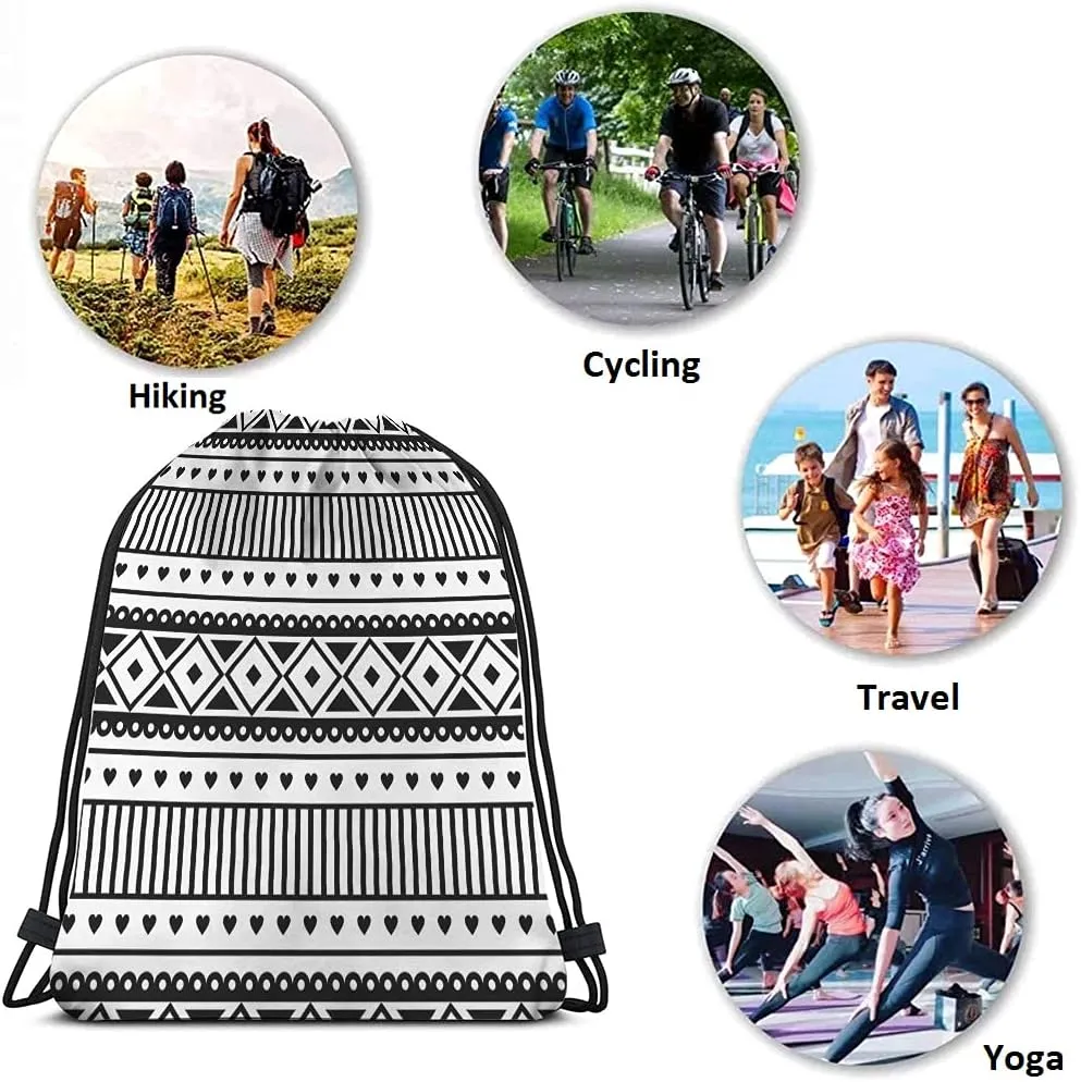 Ethnic Pattern Drawstring Bags Backpack Bag Black And White Southwest American Aztec Heart Sport Gym Sack Drawstring Bag String Bag Yoga Bag for Men Women