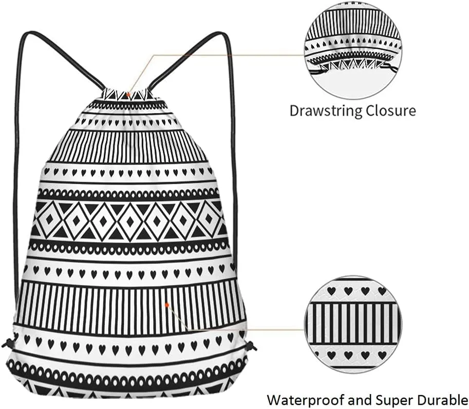 Ethnic Pattern Drawstring Bags Backpack Bag Black And White Southwest American Aztec Heart Sport Gym Sack Drawstring Bag String Bag Yoga Bag for Men Women