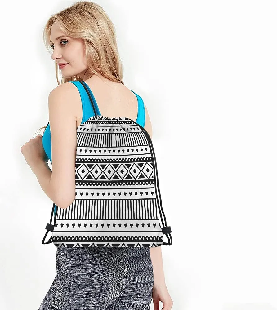 Ethnic Pattern Drawstring Bags Backpack Bag Black And White Southwest American Aztec Heart Sport Gym Sack Drawstring Bag String Bag Yoga Bag for Men Women