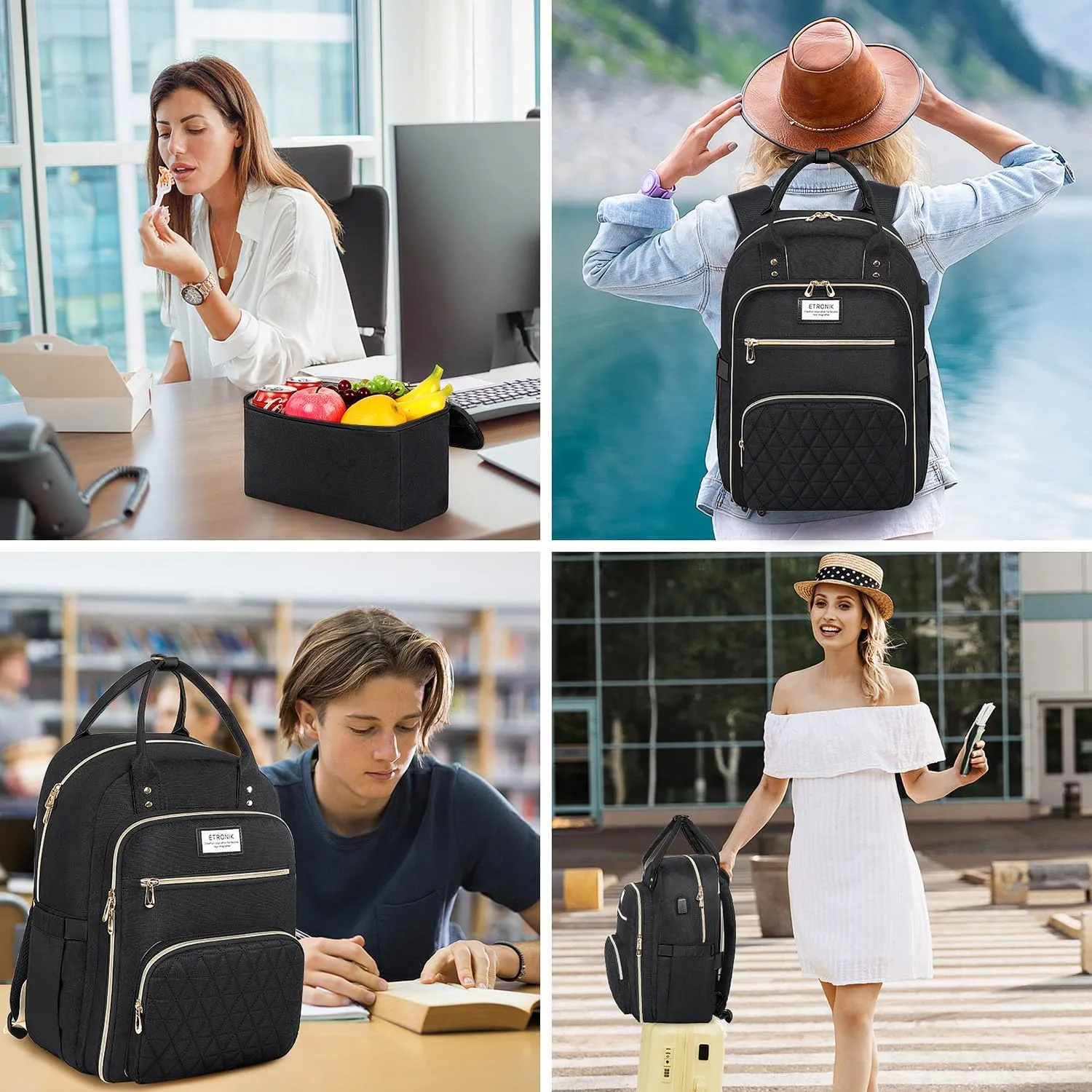 ETRONIK Lunch Backpack for Women, 15.6 inch Laptop Backpack with USB Port, Teacher Nurse Work Backpack with Insulated Cooler Lunch Bag, Travel Bags for Women & Men, Gift, Black