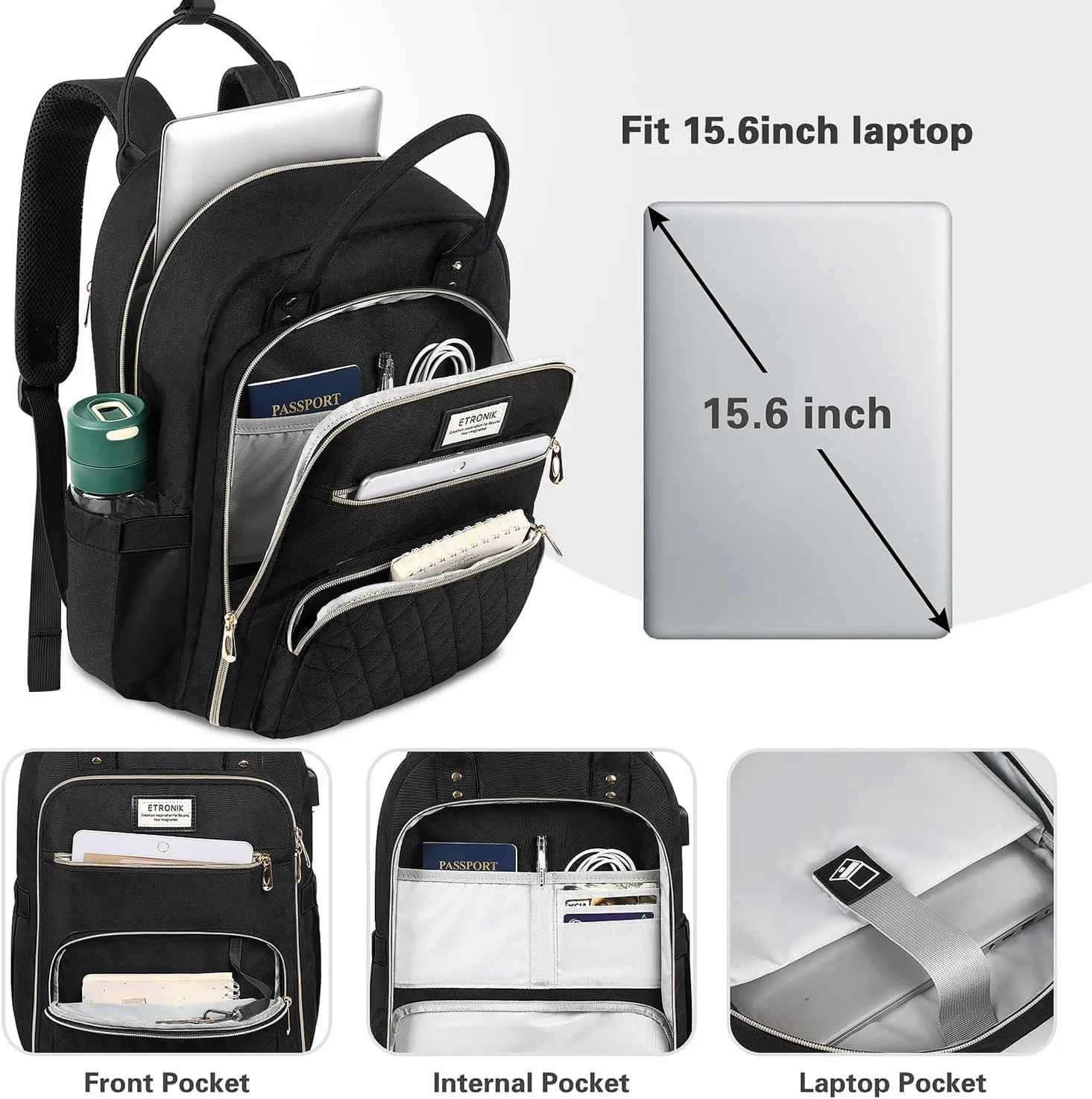 ETRONIK Lunch Backpack for Women, 15.6 inch Laptop Backpack with USB Port, Teacher Nurse Work Backpack with Insulated Cooler Lunch Bag, Travel Bags for Women & Men, Gift, Black