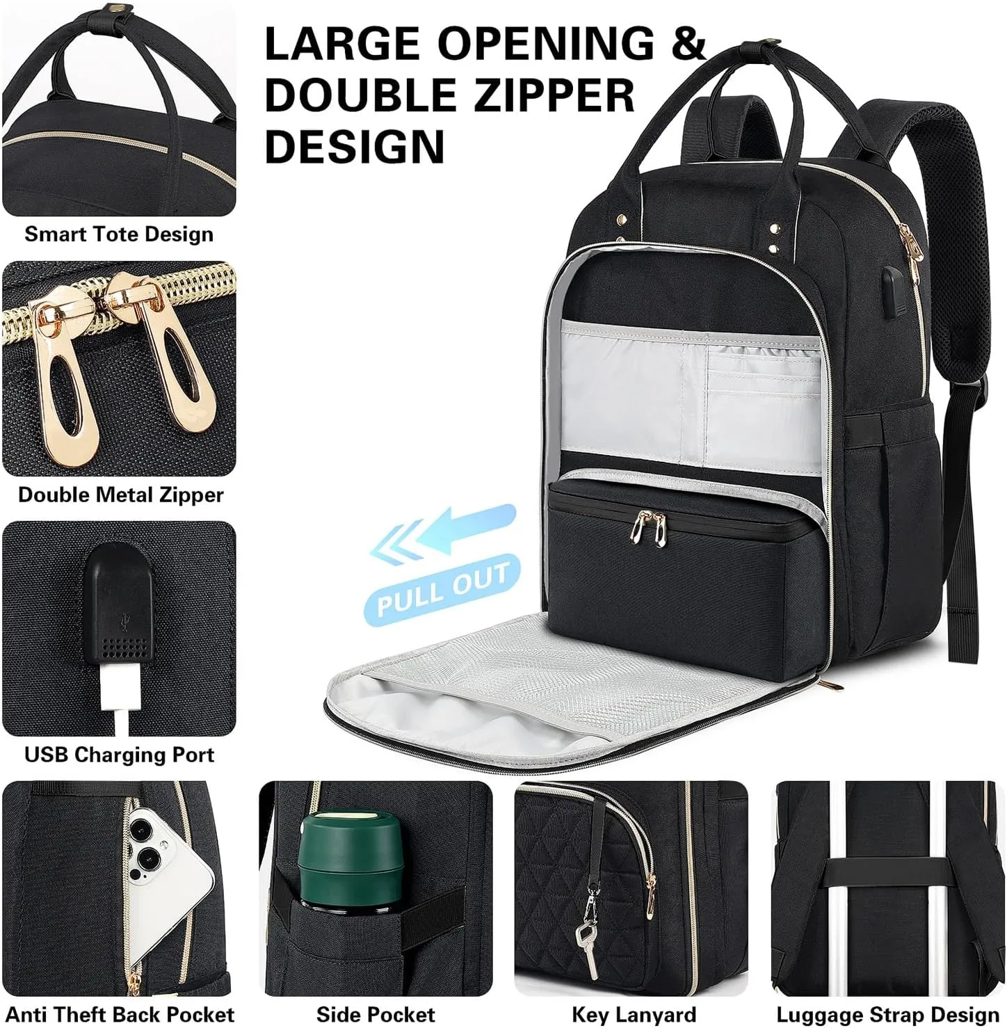 ETRONIK Lunch Backpack for Women, 15.6 inch Laptop Backpack with USB Port, Teacher Nurse Work Backpack with Insulated Cooler Lunch Bag, Travel Bags for Women & Men, Gift, Black