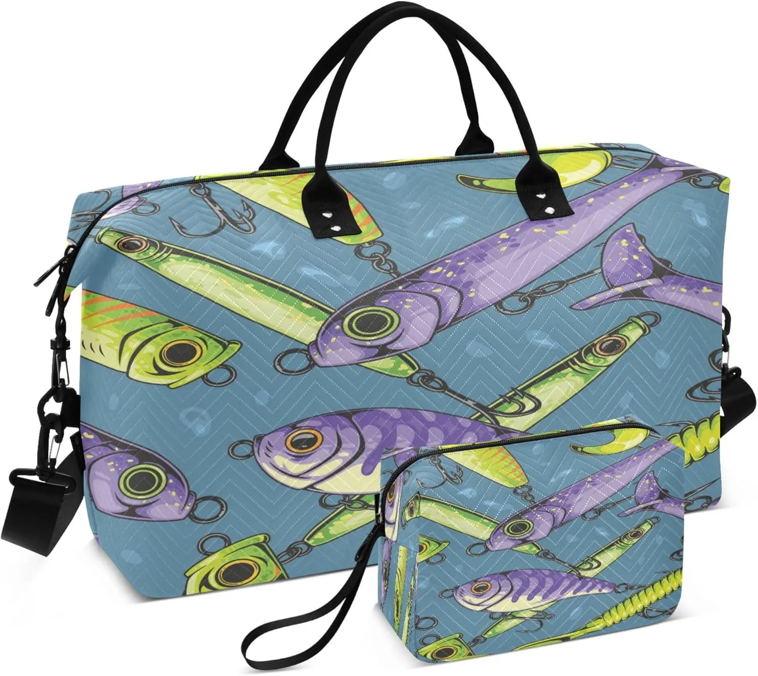 Exnundod Travel Duffel Bags Purple and Yellow Fishing Lures Sports Gym Bag Weekender Carry On Tote Overnight Luggage Bags for Women and Men