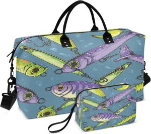 Exnundod Travel Duffel Bags Purple and Yellow Fishing Lures Sports Gym Bag Weekender Carry On Tote Overnight Luggage Bags for Women and Men